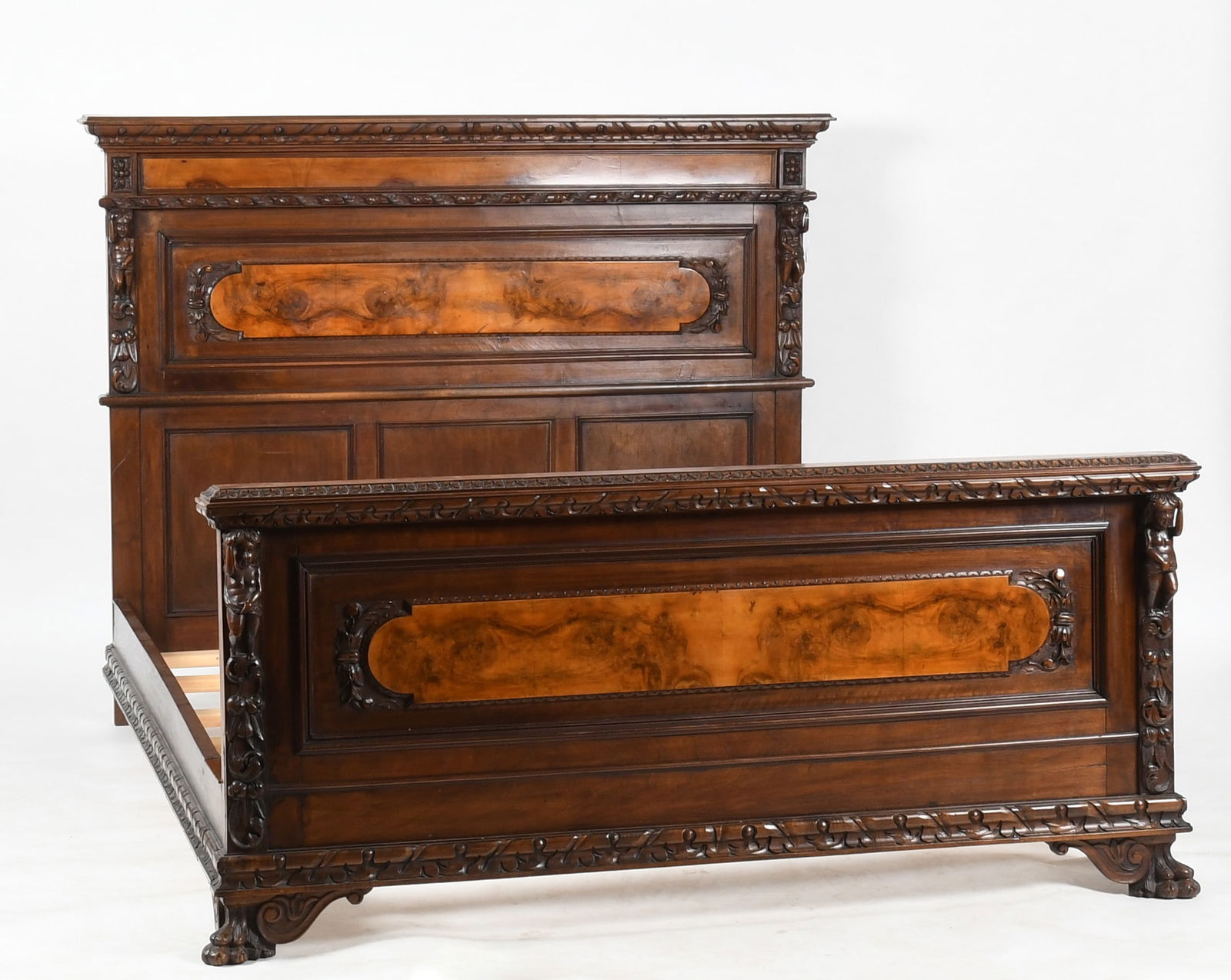 Continental Baroque Style Carved Walnut Queen Size Bed (1 of 11)
