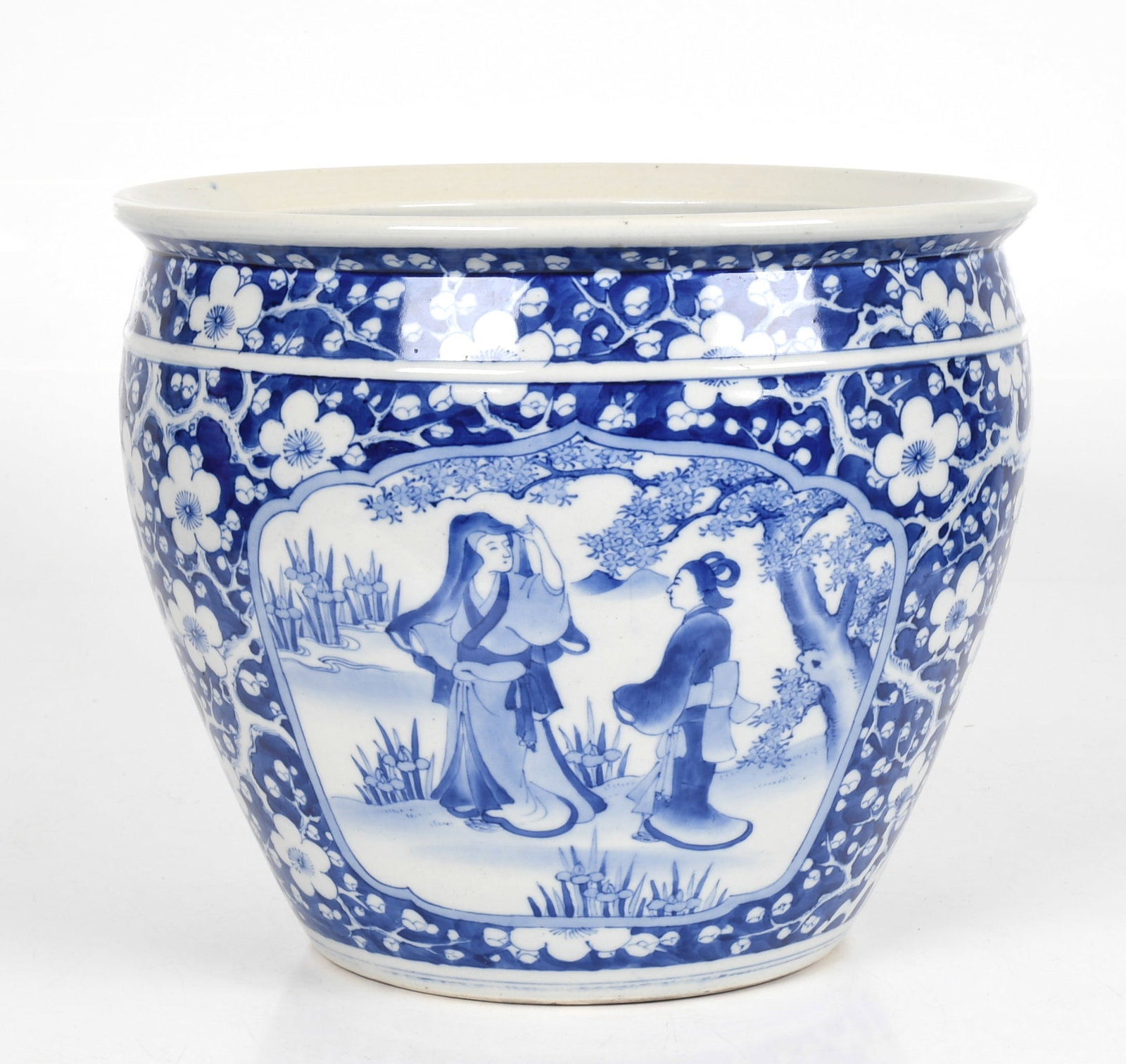 A Chinese Porcelain Blue and White Jardiniere: A Chinese Porcelain Blue and White Jardiniere 19th century, with a Hawthorne pattern ground and reserves with figural decoration. Dimensions: 16in diameter, the height is 13 1/2in. 