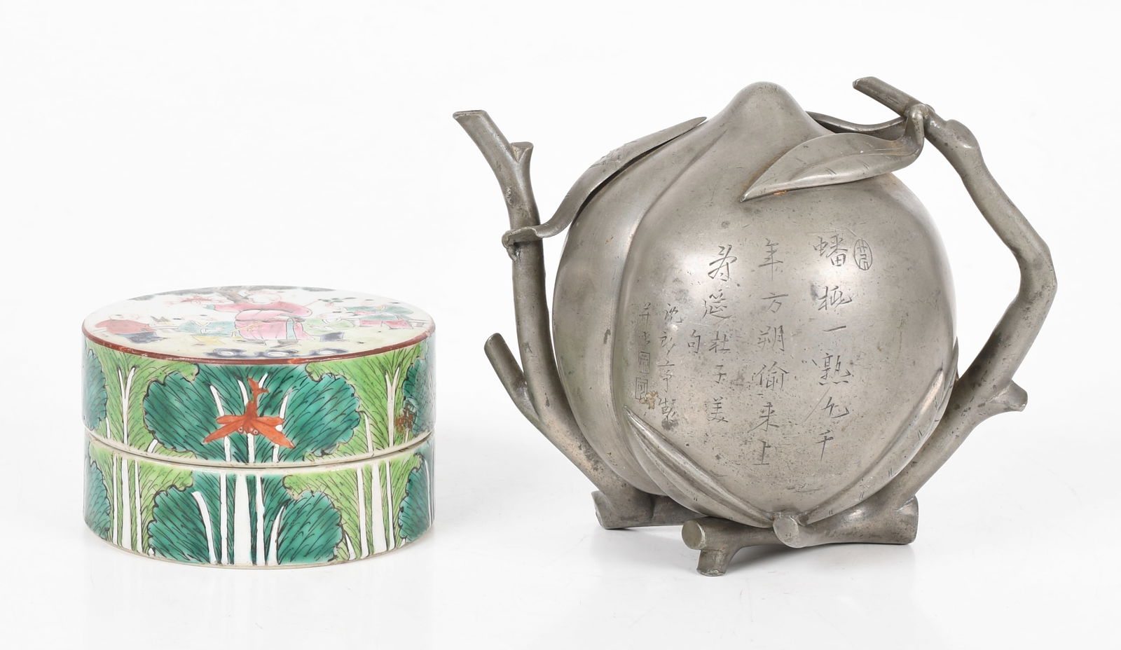 Two Chinese Items, Pewter Teapot and Porcelain Box (1 of 11)