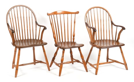 Three American Mixed Wood Windsor Chairs, 19th Century