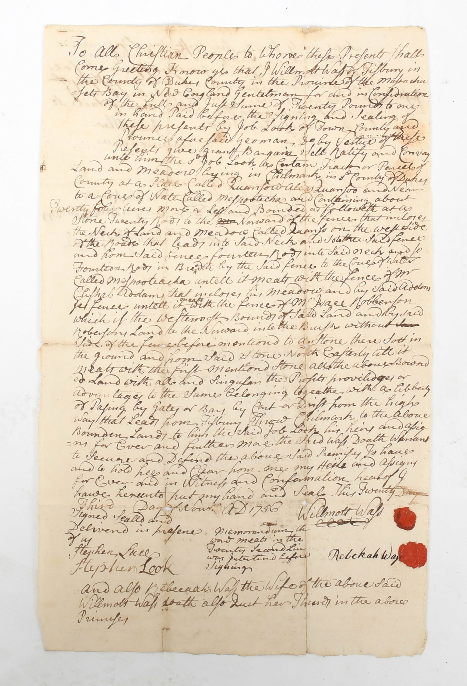 A 1756 Land Deed, Dukes County, Massachusetts, Martha's Vineyard (1 of 8)