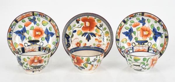 Three English Pearlware 'Gaudy Dutch' Cups and Saucers, 19th Century