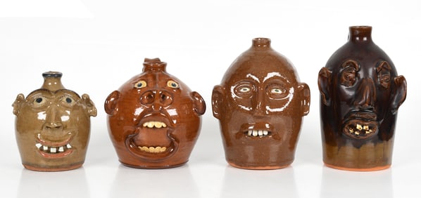 Four Southern Folk Pottery Face Jugs, Dated 1998-2002