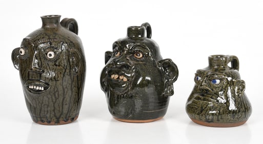 Three Meaders Pottery Alkaline Glazed Stoneware Face Jugs, Georgia