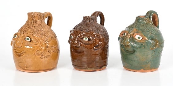 Flossie Meaders, Three Meaders Kids Glazed Stoneware Face Jugs, Georgia