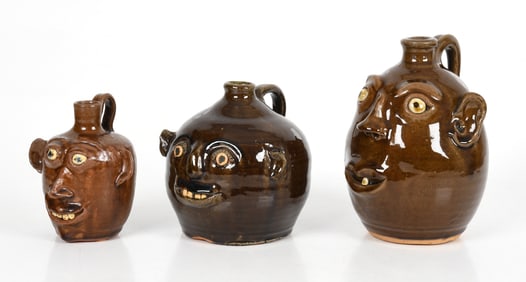 Three Meaders Pottery, Georgia Glazed Stoneware Face Jugs, Late 20th C