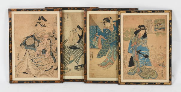 Four Japanese Woodblock Prints in Matching Frames: Four Japanese Woodblock Prints in Matching Frames Four 19th century prints, artists include Kunisada and Utagawa Toyokuni. Each ebonized frame with gilt chinoiserie decoration. D