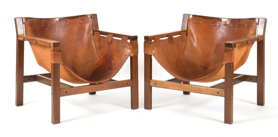 Pair of Mid Century Walnut and Leather Lounge Chairs