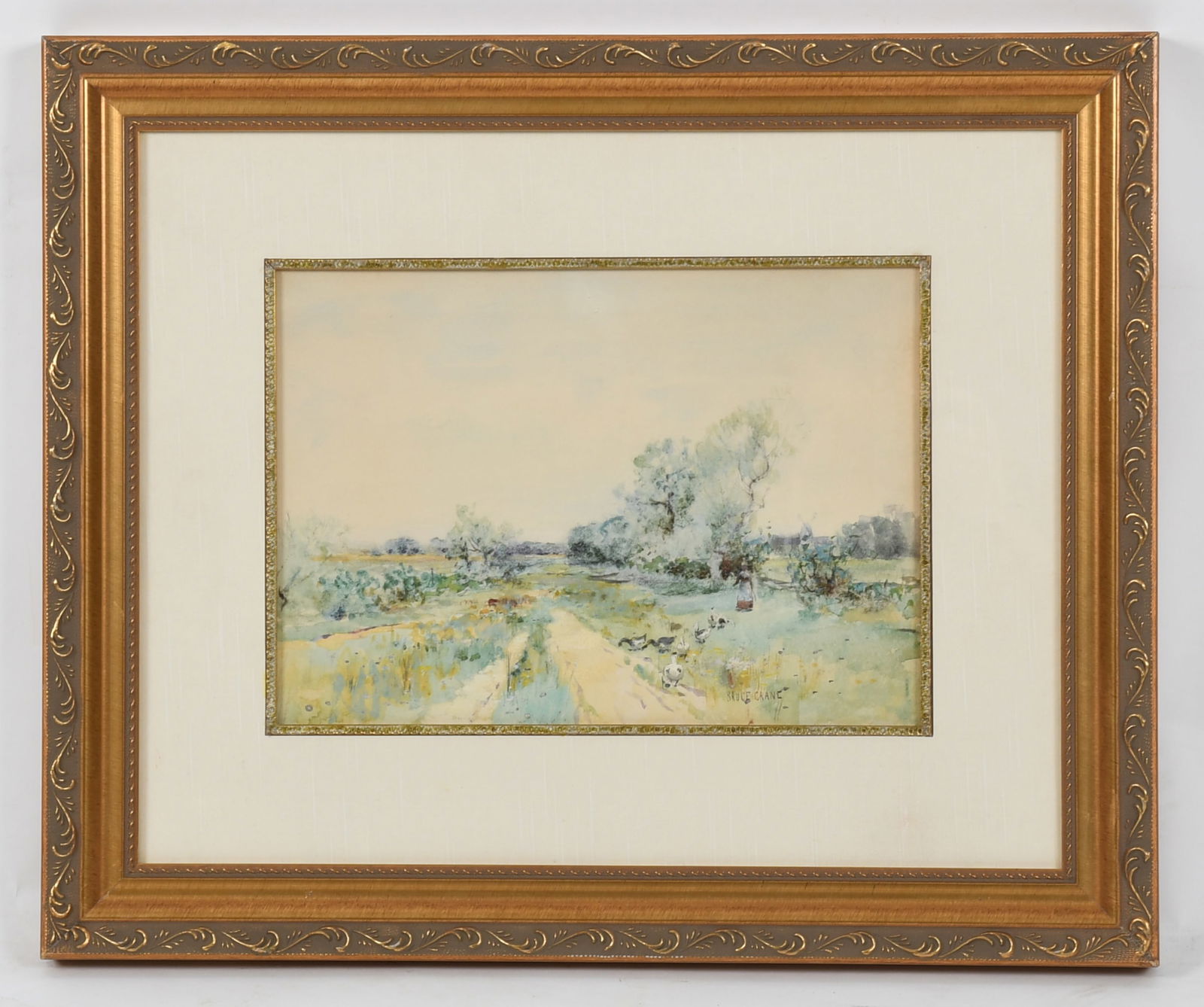 Bruce Crane (1857 - 1937) Watercolor: Bruce Crane (1857 - 1937) Watercolor A landscape with figure and geese, signed at the lower right. Dimensions: sight is 9 1/2in x 13 1/2in. Provenance: