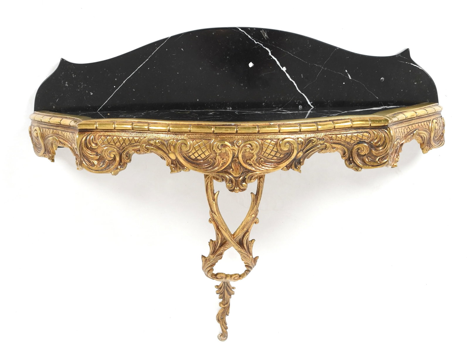 Rococo Style Polished Brass and Marble Console d'Applique, 20th Century: A Rococo Style Polished Brass and Marble Console d'Applique, 20th Century With shaped marble backsplash. Dimensions: Height 22in; width 25 1/4in; depth 9 1/4in. Provenance: F