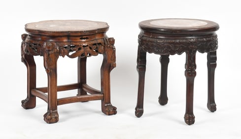 Two Chinese Carved Rosewood and Marble Pedestal Stands