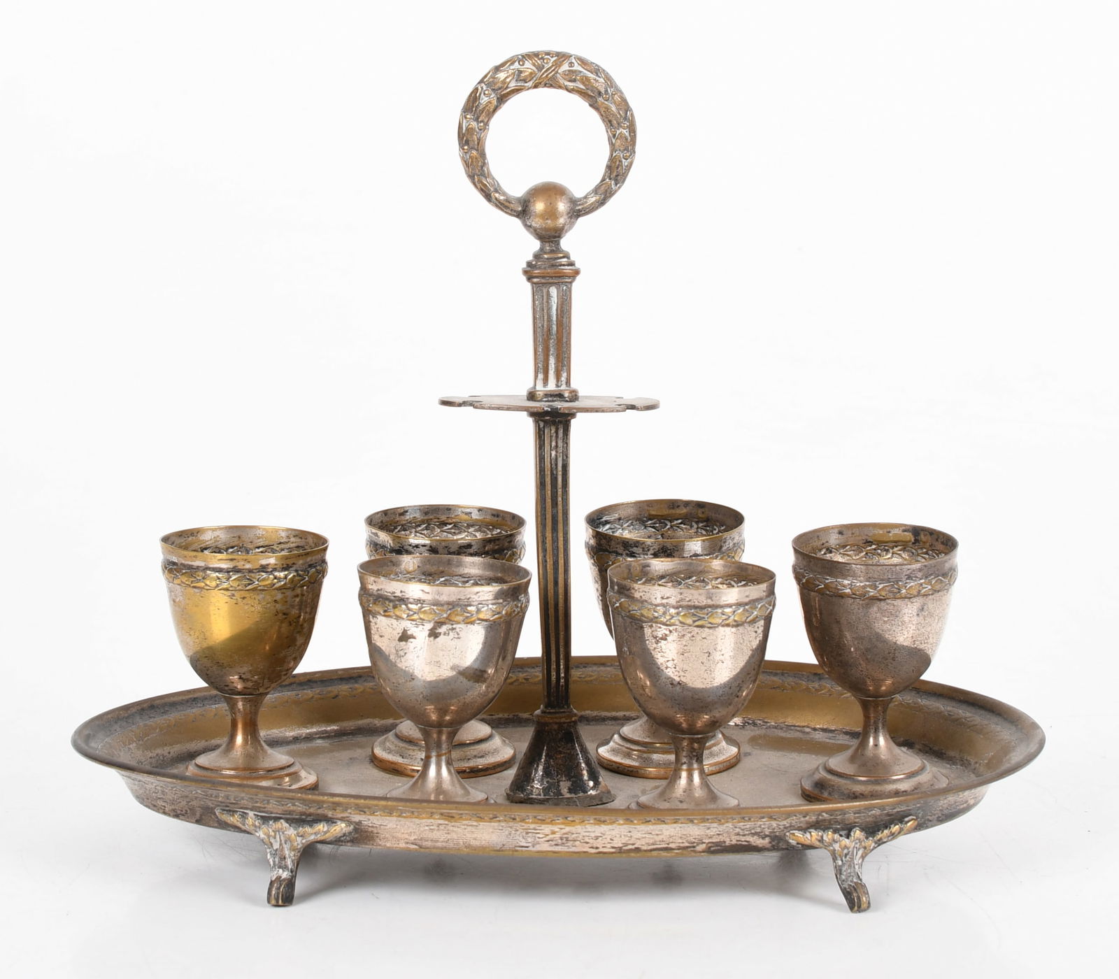Silver Plated Egg Set, 19th Century: A Silver Plated Egg Set, 19th Century French, with an oval stand and six matching egg cups. Dimensions: The stand is 9 1/2in x 6in, the overall height is 9in. Provenance