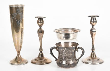 Five Pieces of Estate Silver, Candlesticks, Etc...