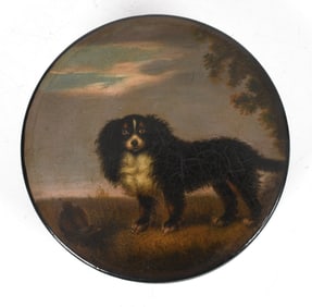 English Hand-Painted Papier Mache Box, Spaniel Decoration