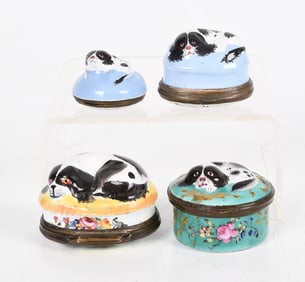 Four English Enameled Boxes, Cavalier King Charles Spaniels, 18th Century