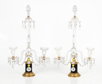 Pair of George III Ormolu and Cut Glass Three Light Candelabra, Circa 1800