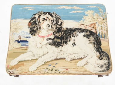 English Rococo Style Rosewood and Cavalier King Charles Spaniel Needlepoint Stool