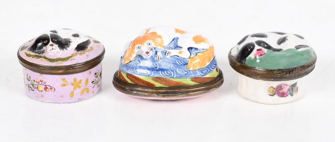 Three English Enameled Boxes, Spaniel Dog Decoration, 18th Century