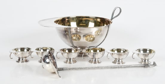 A Silver Plated Punch Bowl Set, Racing Horse Theme
