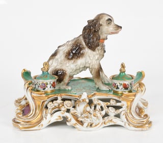 An Old Pairs Porcelain Spaniel Decorated Standish