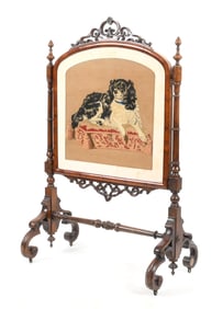 English Walnut and Needlepoint Fire Screen with Cavalier King Charles Spaniel