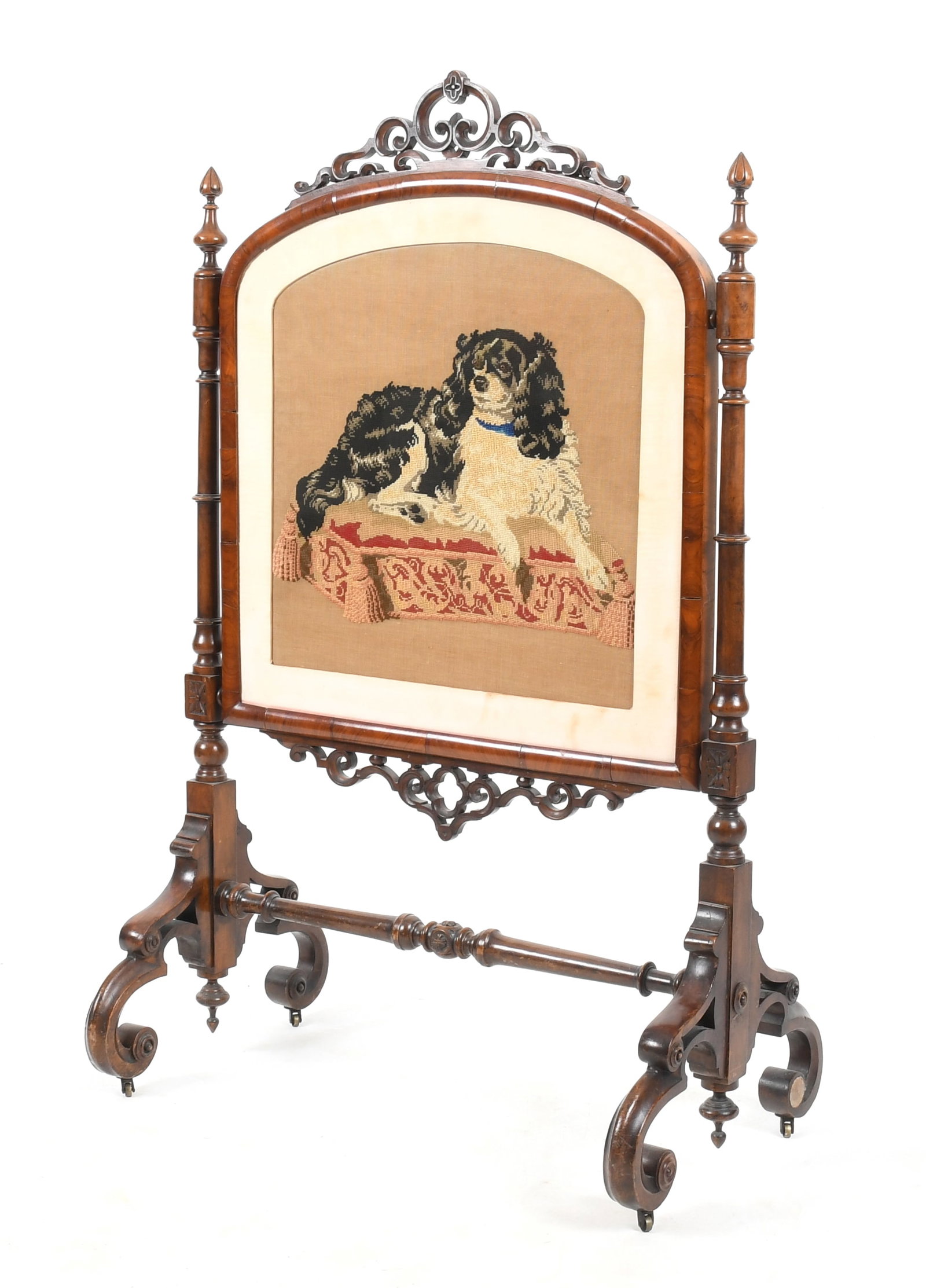 English Walnut and Needlepoint Fire Screen with Cavalier King Charles Spaniel (1 of 7)