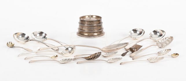 A Group of English Silver Flatware and Inkwell