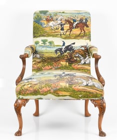 George II Style Carved Walnut Open Armchair in Equestrian Upholstery