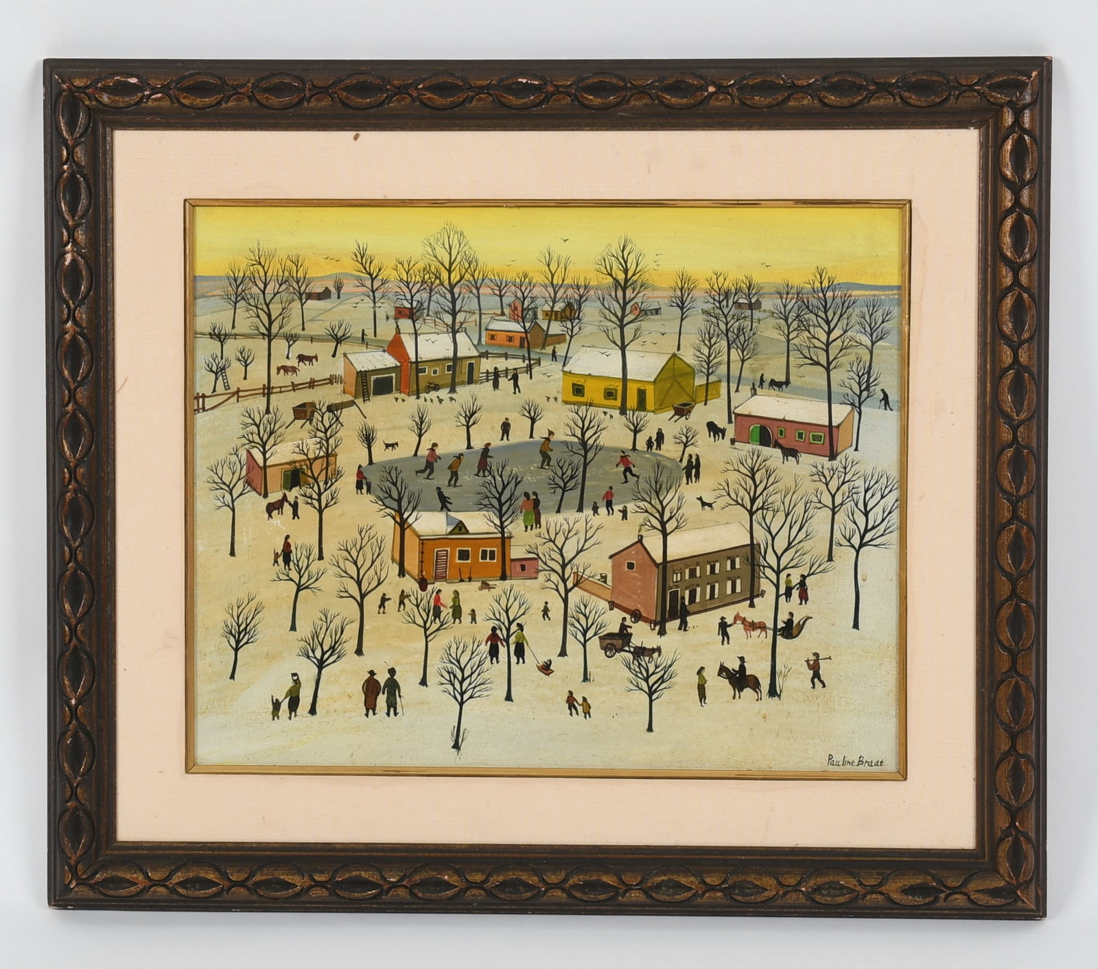 Pauline Braat (American, 20th c.), Oil on Canvas: Pauline Braat (American, 20th c.), Oil on Canvas 'Winter Scene', depicting a village with numerous figures, signed at the lower right. Dimensions: 16in x 20in, the frame 24in x 28in.&nbs