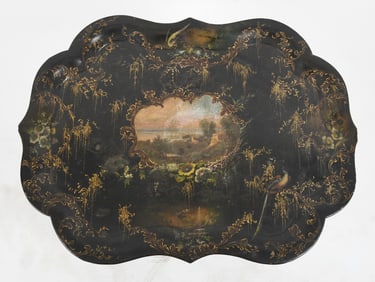 English Parcel Gilt and Polychromed Black Papier Mache Tray on Stand