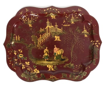 Chinoiserie Decorated Parcel Gilt and Red-Paint Tole Tray, 19th Century