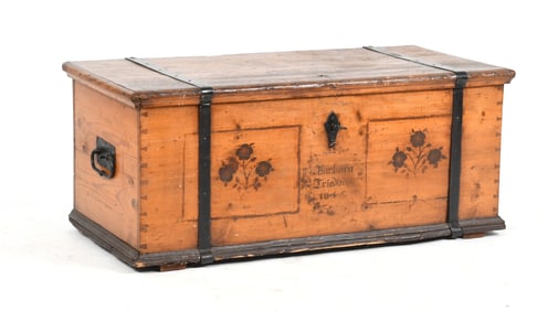 German Iron Bound Paint Decorated Pine Blanket Chest, Dated 1845