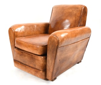 French Art Deco Leather Club Chair, Circa 1930