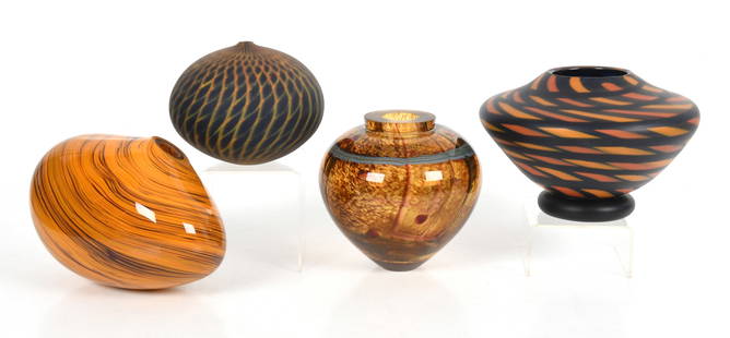 Four Pieces of Modern Art Glass: Four Pieces of Modern Art Glass An egg form object by Bernard Katz, a vase marked 'Fitz', and unmarked example and vase that is illegibly signed. Dimensions: from 5 1/2in diameter
