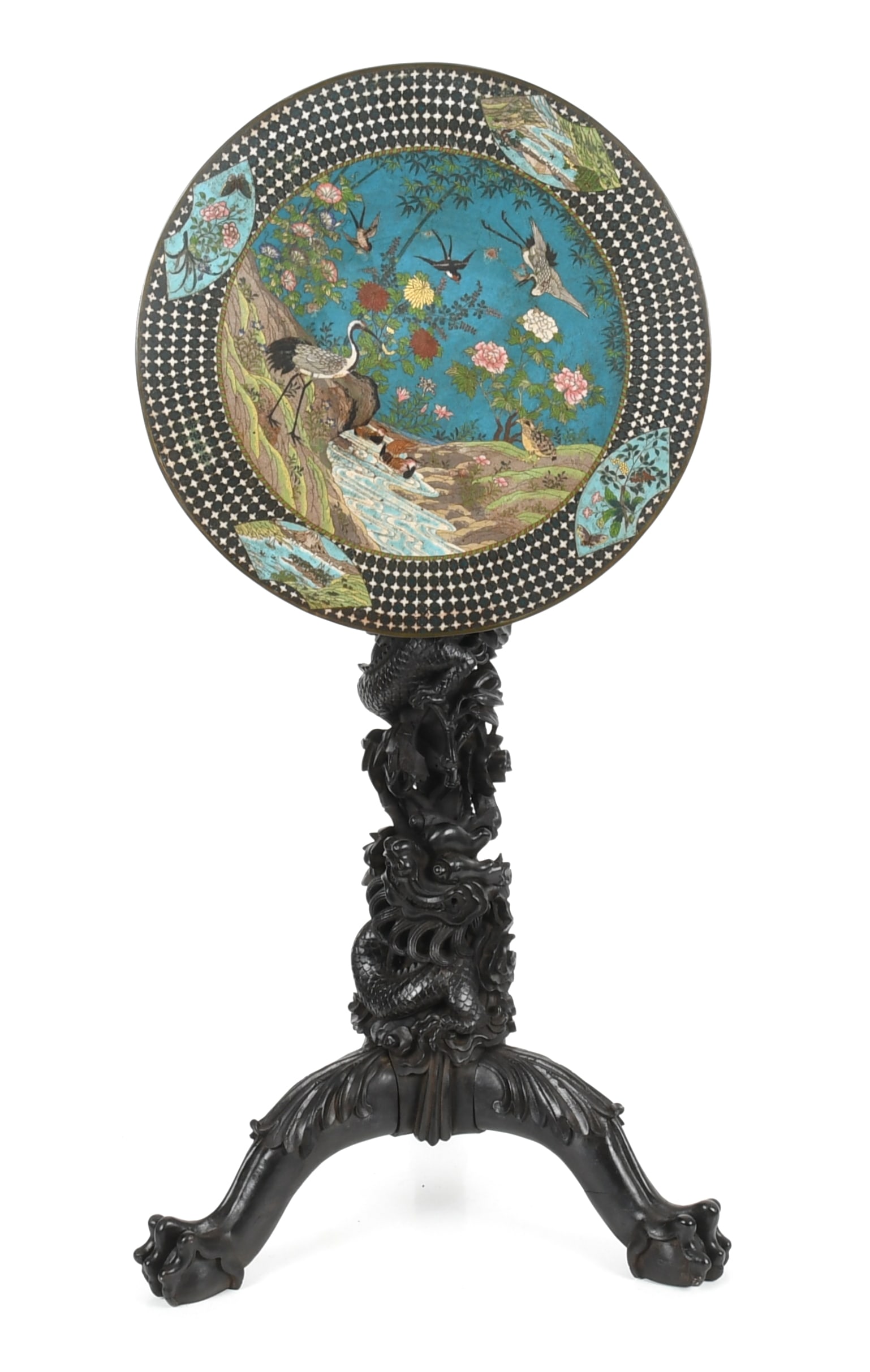 Japanese Cloisonne Enamel and Carved Hardwood Tilt-Top Pedestal Table (1 of 13)