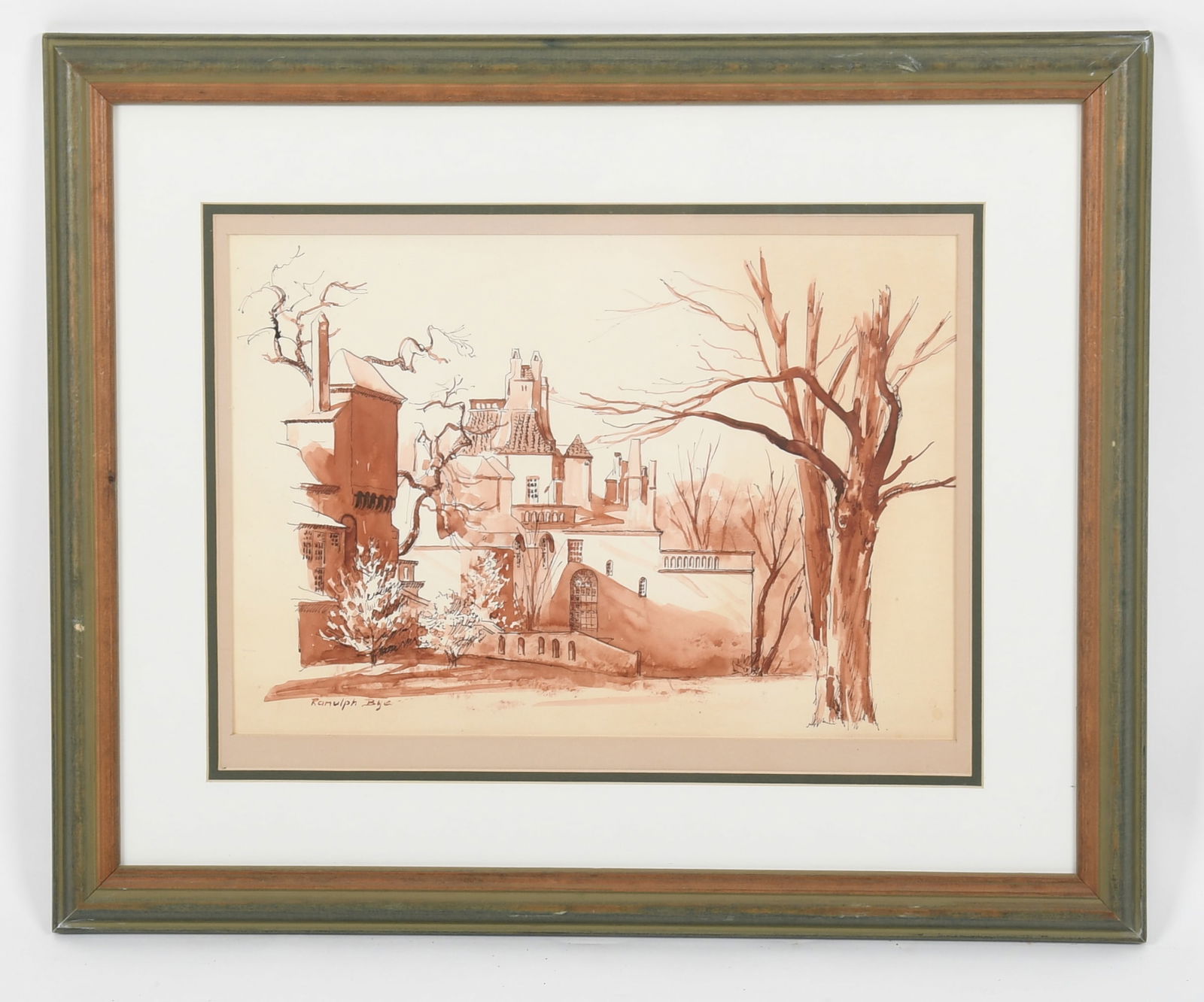 Ranulph Bye (1916 - 2003) Watercolor: Ranulph Bye (1916 - 2003) Watercolor A view of Fonthill Castle, Doylestown, PA. Signed at the lower left. Dimensions: sight is 10 1/2in x 14 3/4in, the frame 19in x 23in. 