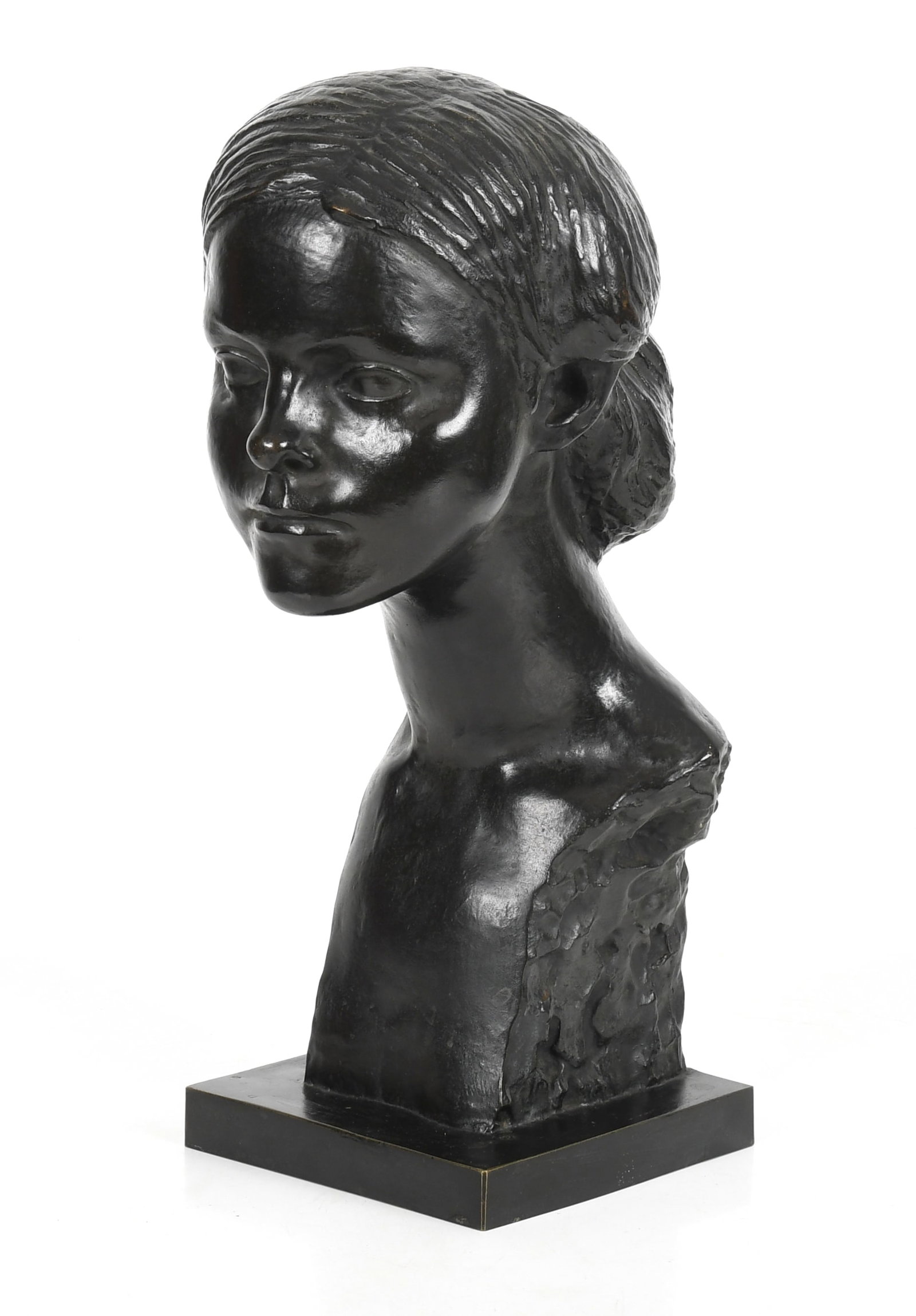 Alfredo Pina (1883 - 1966) Bronze Bust of a Woman: Alfredo Pina (1883 - 1966) Bronze Bust of a Woman Signed and dated for 1904, Paris foundry mark as pictured. Dimensions: 9in x 8in, the height is 17 1/4in. 