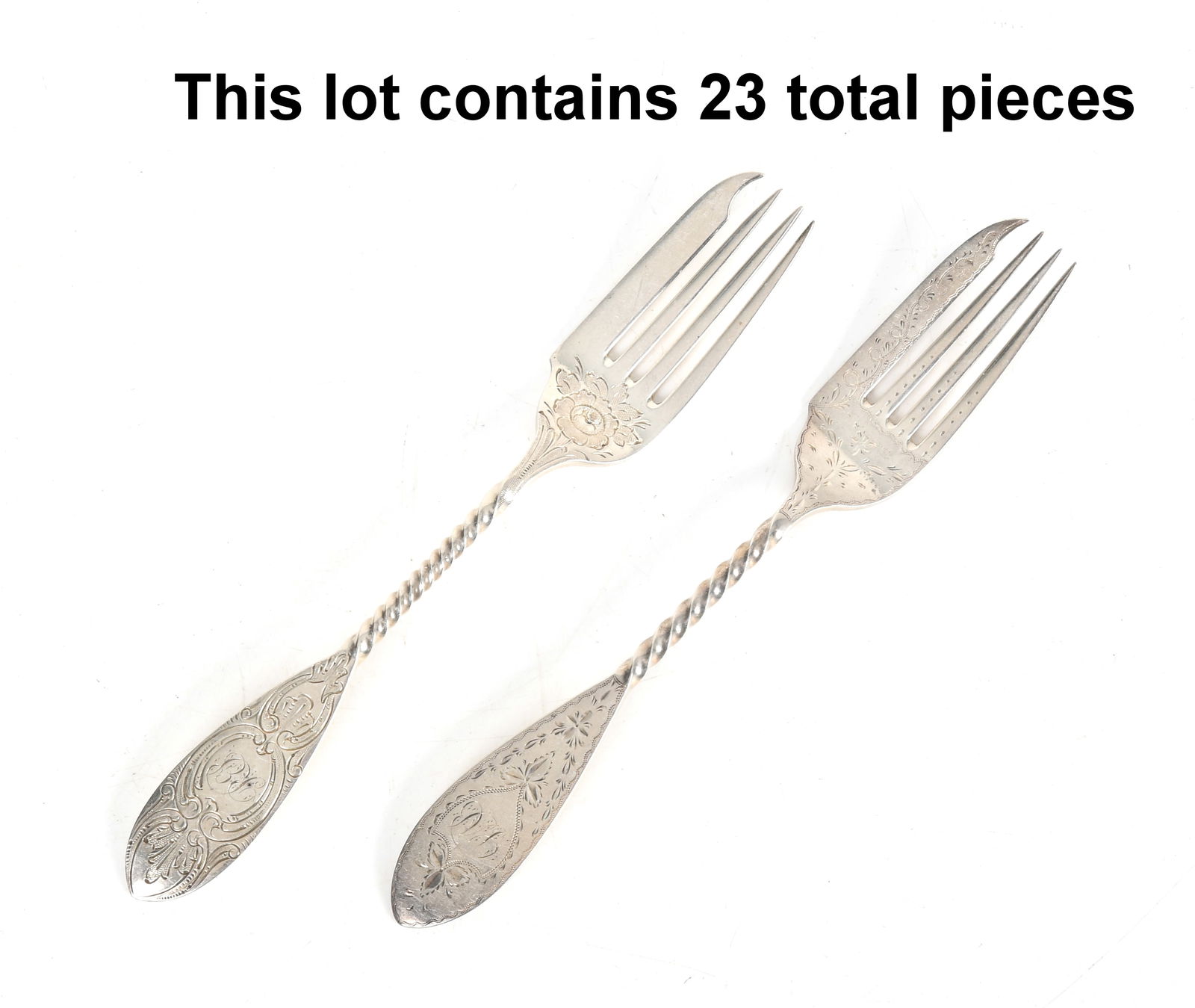 George Sharp for Bailey & Co., Two Sets of Coin Silver Forks: George Sharp, Two Sets of Coin Silver Forks for Bailey & Co., Mid 19th Century Each featuring twist shafts and bright cut decoration, comprising: a set of eleven 7 1/8" forks with monogram &q