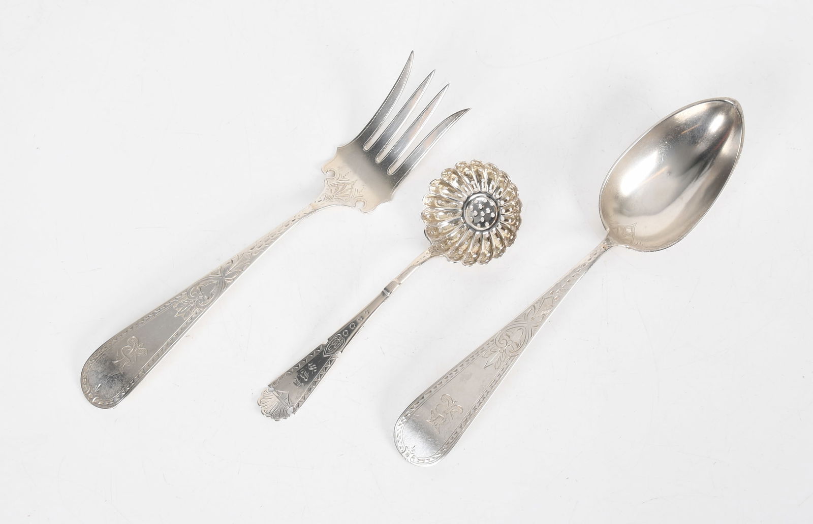 Three Coin Silver Serving Pieces by George Sharp: Three George Sharp Coin Silver Serving Pieces for Bailey & Co. Each with bright-cut or tooled decoration, comprising: a large pair of salad fork and spoon with stylized monograms both around