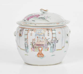 Chinese Porcelain Famille Rose Lidded Jar, Qing Dynasty: A Chinese Porcelain Famille Rose Lidded Jar, Qing Dynasty Decorated with figures in a landscape and interiors. With mark to the underside. Dimensions: Height 8 1/2in; diameter 9in.