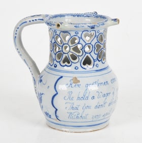 English Delftware Blue and White Puzzle Jug, Probably Liverpool, Circa 1760