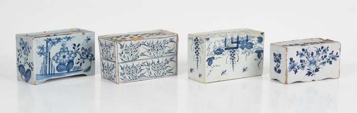 Four English Delftware Tin Glazed Earthenware Flower Bricks, 18th Century