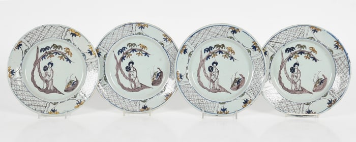 Four English Delftware Tin Glazed Manganese and Polychrome Plates, Bristol