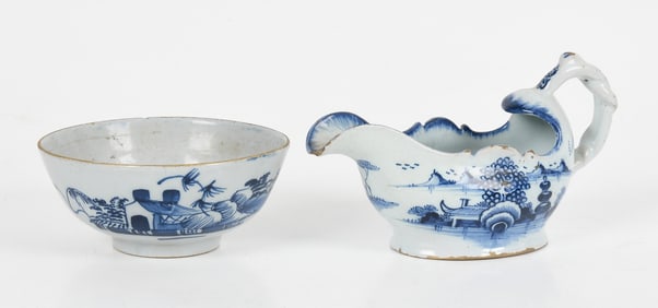 English Delftware Tin Glazed Earthenware Sauceboat and Bowl, 18th Century