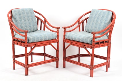 Pair of Modern Coral-Painted Rattan Armchairs