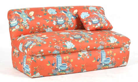 Pair of Chinoiserie Decorated Armless Sofas, Persimmon Upholstery