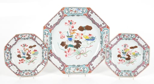 Three Chinese Export Porcelain Famille Rose Octagonal Plates, Qianlong Period
