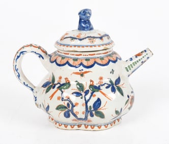 Delft Tin Glazed Polychrome Decorated Earthenware Teapot, 18th Century