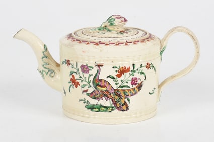 English Creamware Teapot with Peacocks, Leeds, 18th Century