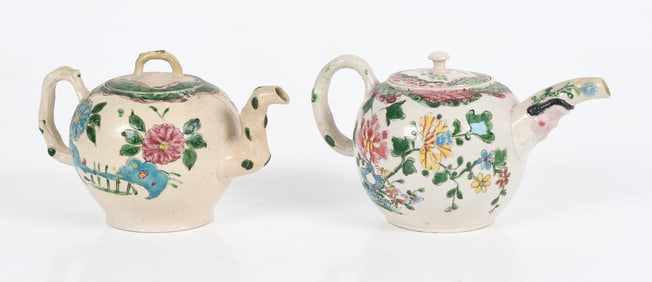 Two Staffordshire English Pottery Enameled Salt Glazed Teapots, Circa 1760